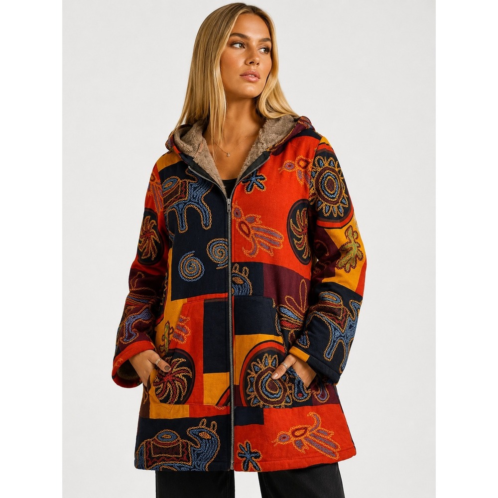 Zanzea Hooded 100% Cotton Parka Coat Tribal Art Sherpa Jacket XXXL